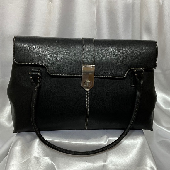 Prada Black Leather double top handle     9-H2f - Picture 1 of 9